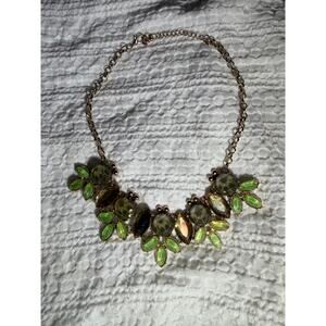 Vintage Green Crystal Statement Necklace Gold Tone Leaf Rhinestone Bib 16"